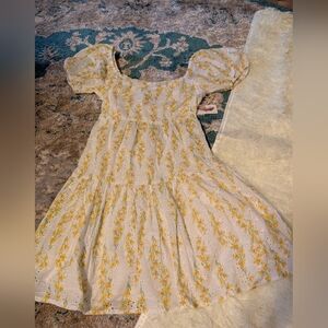 Jessica Simpson Medium Yellow White Green Open Back Floral Puff Sleeve Dress